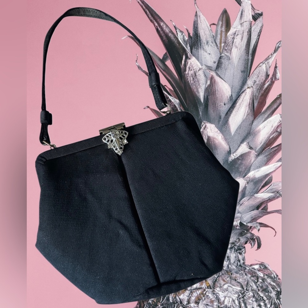 Vintage 1950’s black mini bag with diamanté silver clasp closure